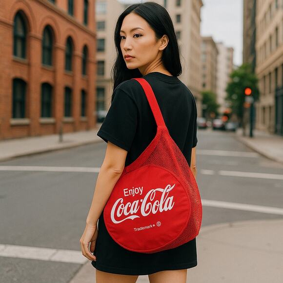 Vintage Coca-Cola Mesh Beach Bag Red Drawstring Shoulder Tote Promotional Rare - Picture 1 of 10